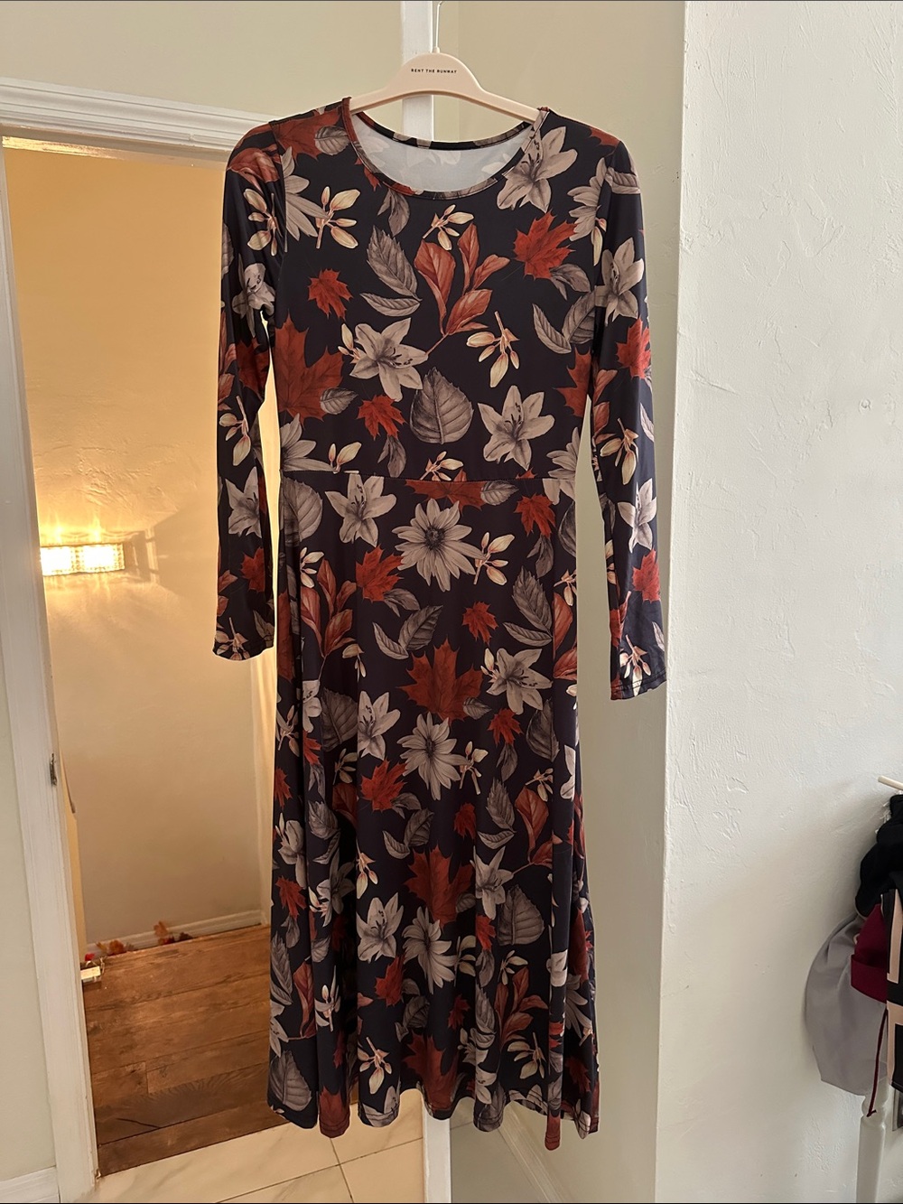 Floral Long-Sleeve Midi Dress in Dark Navy and Rust